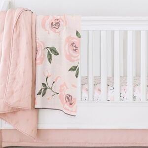 POTTERY BARN KIDS MEREDITH KNIT FLORAL BABY BLANKET PINK & GREY CRIB STROLLER